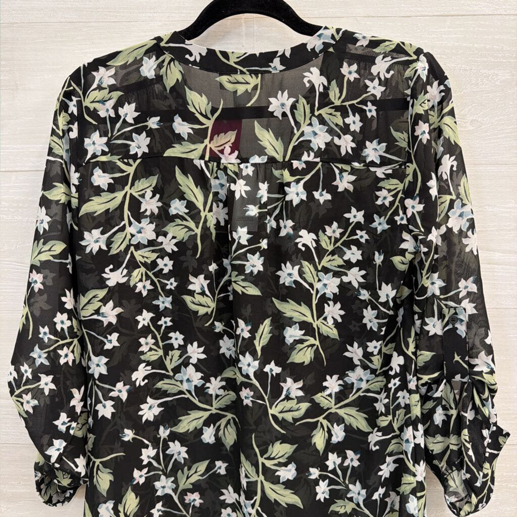 Loft Black/ Multi Sheer Floral Print Long Sleeve Button Down Top Small
