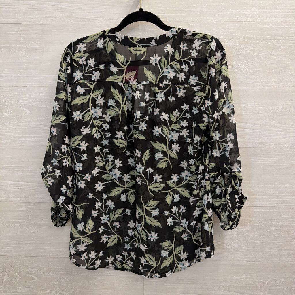 Loft Black/ Multi Sheer Floral Print Long Sleeve Button Down Top Small