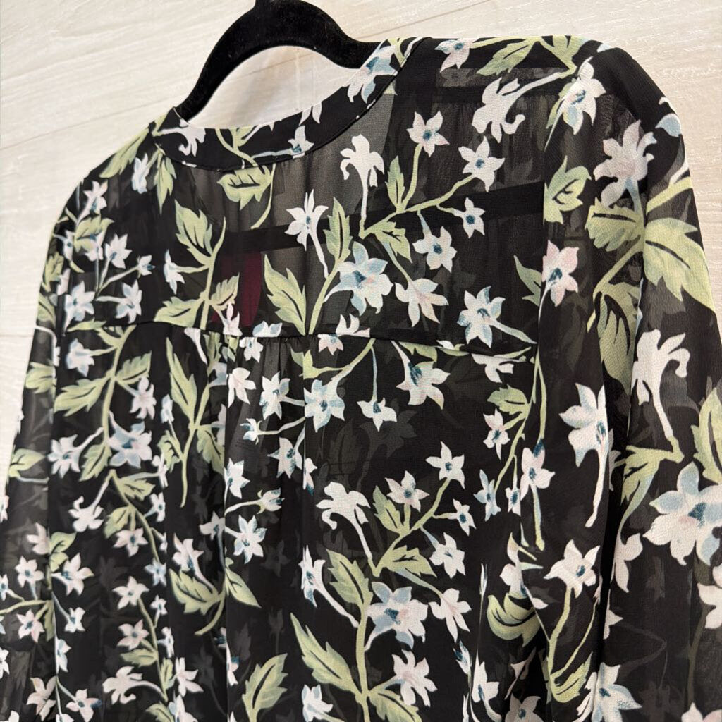 Loft Black/ Multi Sheer Floral Print Long Sleeve Button Down Top Small