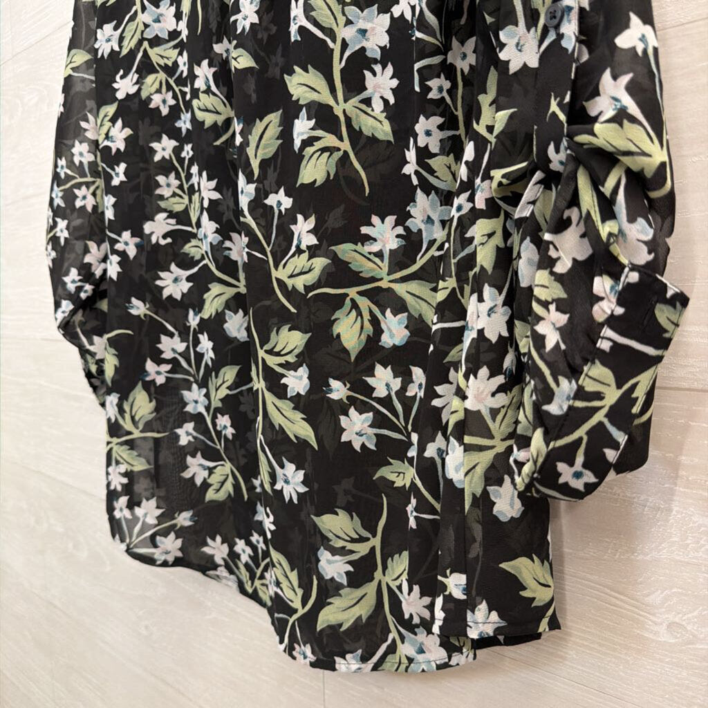 Loft Black/ Multi Sheer Floral Print Long Sleeve Button Down Top Small
