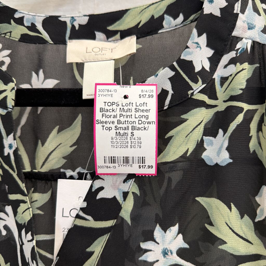 Loft Black/ Multi Sheer Floral Print Long Sleeve Button Down Top Small
