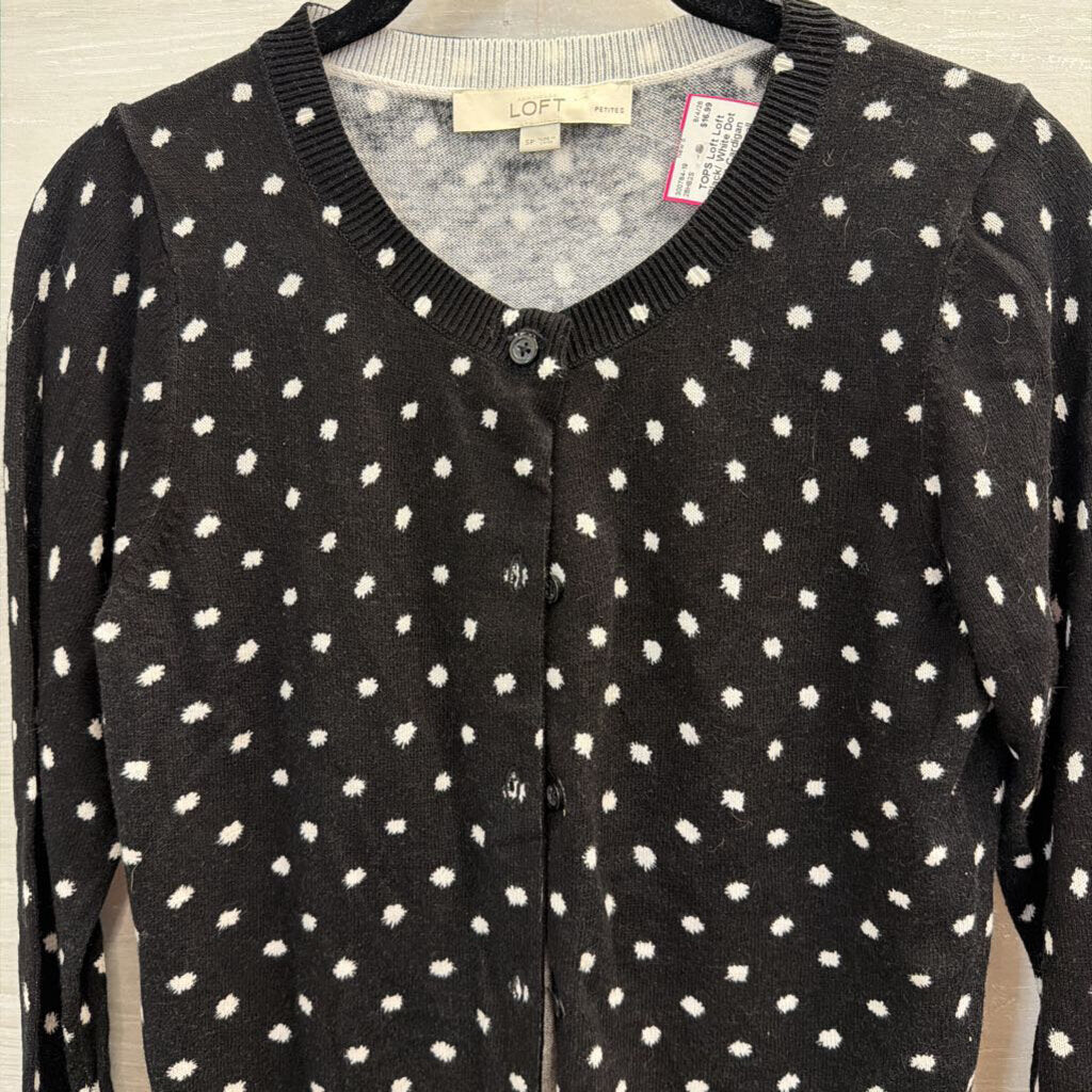 Loft Black/ White Dot Print Cardigan Sweater Small Petite