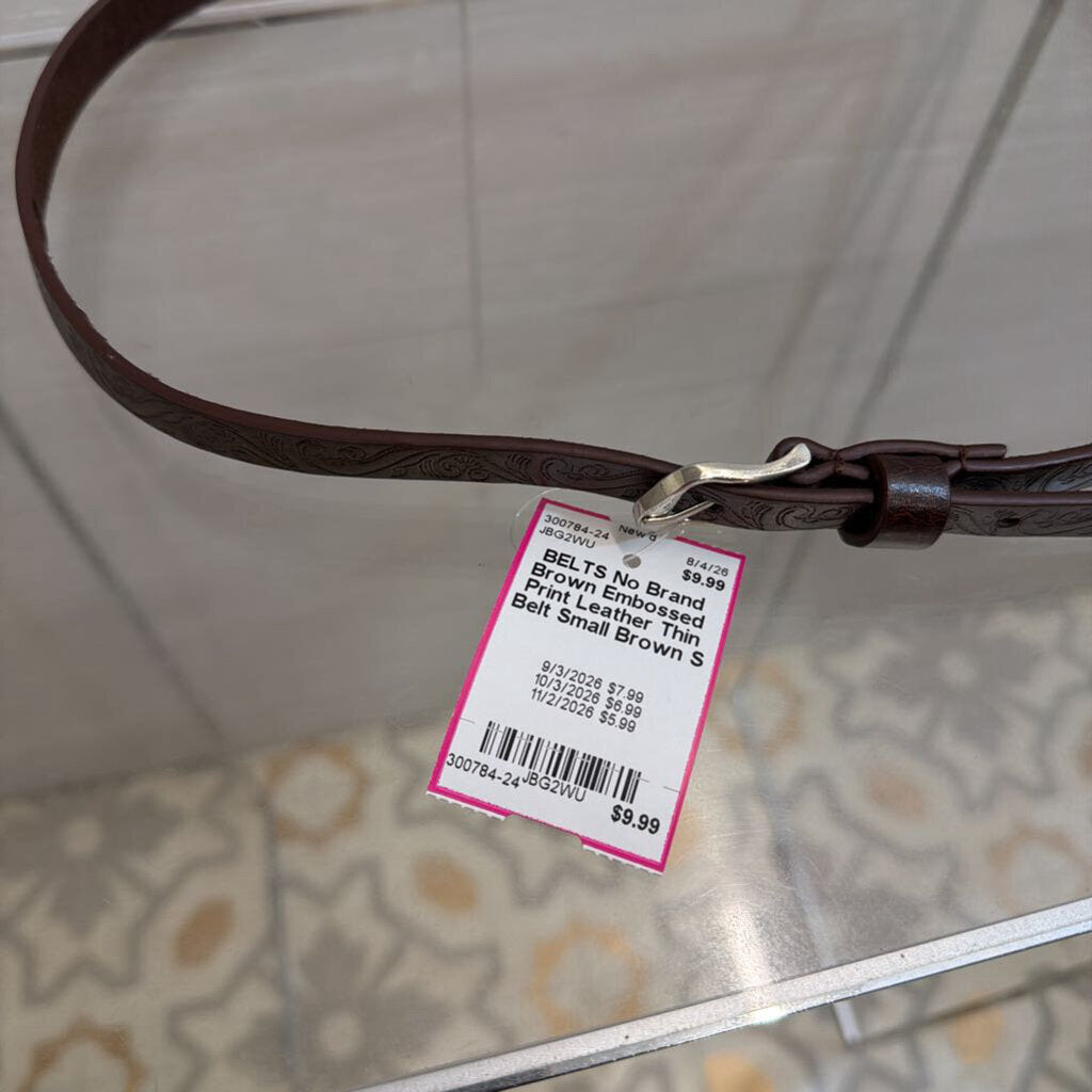 Brown Embossed Print Leather Thin Belt Small