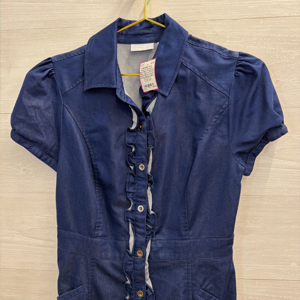 Dark Blue Chambray Short Sleeve Ruffle Detail Button Down Dress Medium
