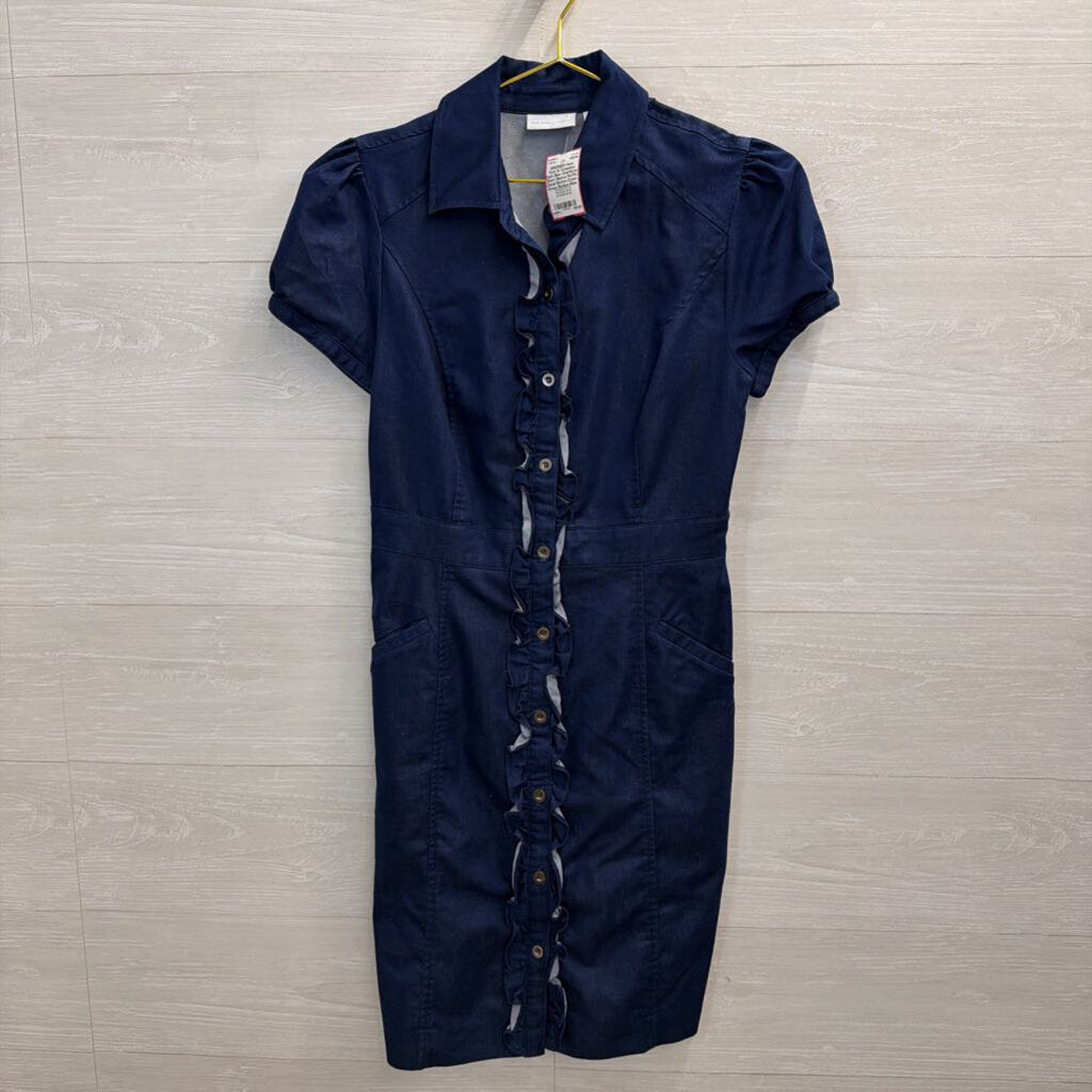 Dark Blue Chambray Short Sleeve Ruffle Detail Button Down Dress Medium