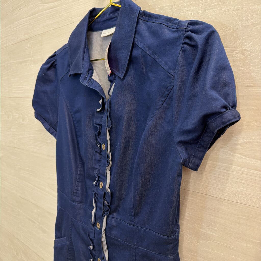 Dark Blue Chambray Short Sleeve Ruffle Detail Button Down Dress Medium