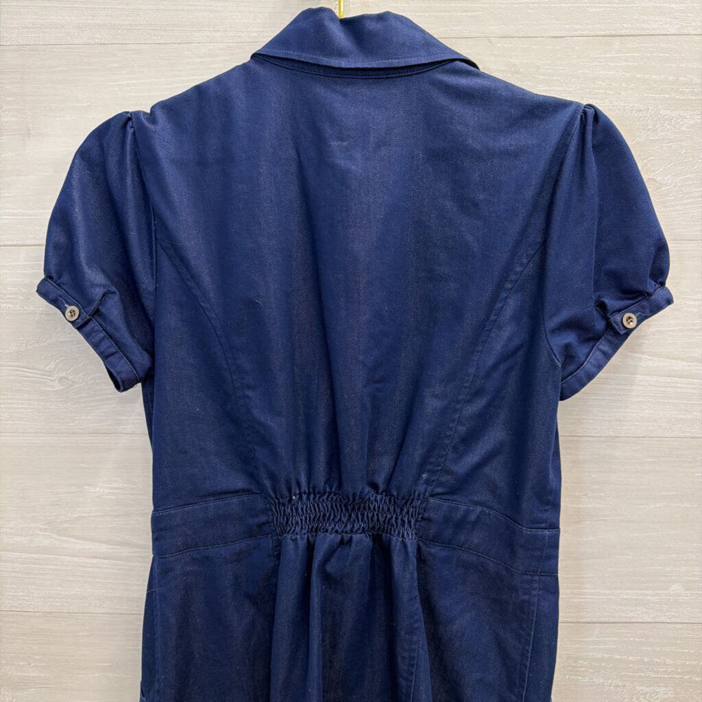 Dark Blue Chambray Short Sleeve Ruffle Detail Button Down Dress Medium