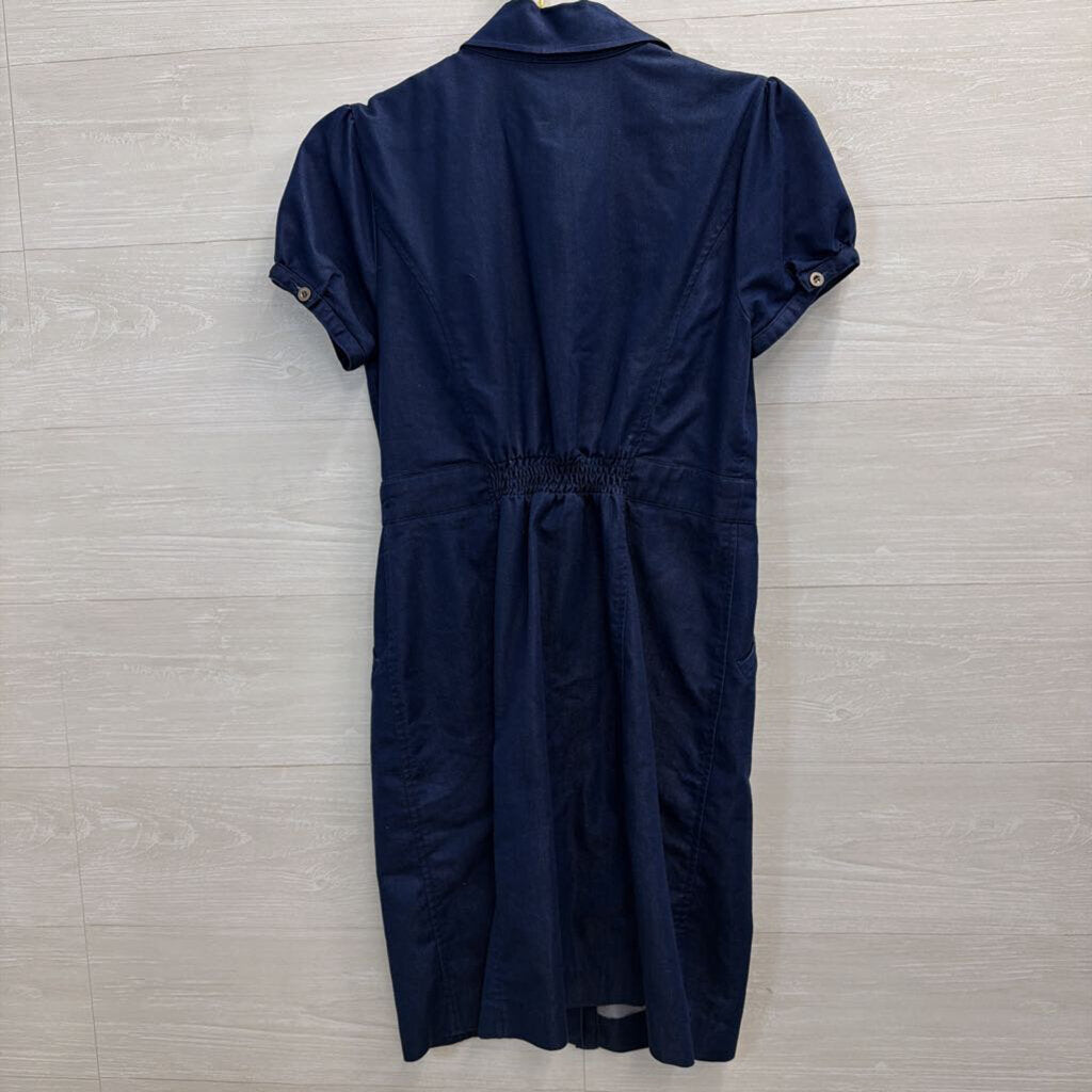 Dark Blue Chambray Short Sleeve Ruffle Detail Button Down Dress Medium
