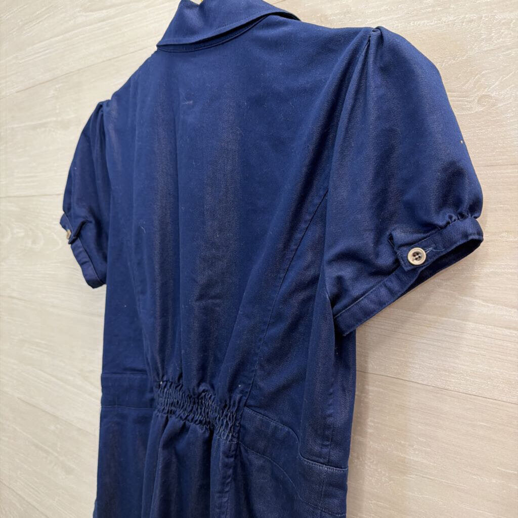 Dark Blue Chambray Short Sleeve Ruffle Detail Button Down Dress Medium