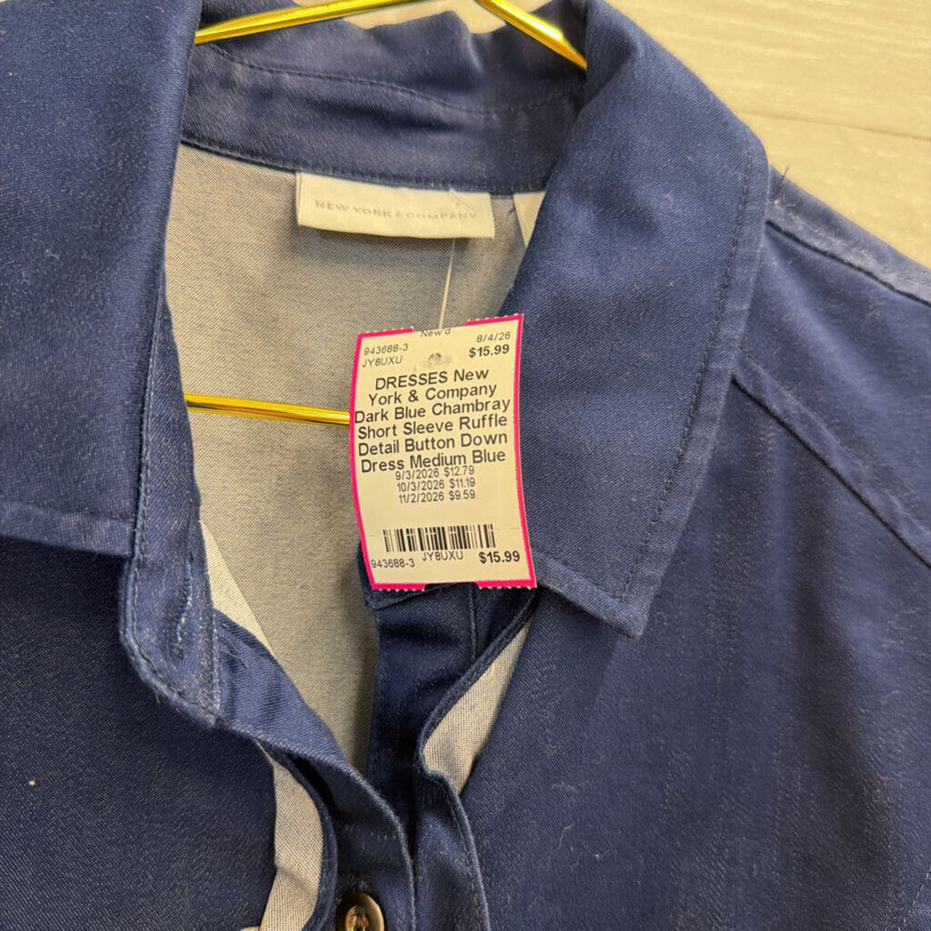 Dark Blue Chambray Short Sleeve Ruffle Detail Button Down Dress Medium