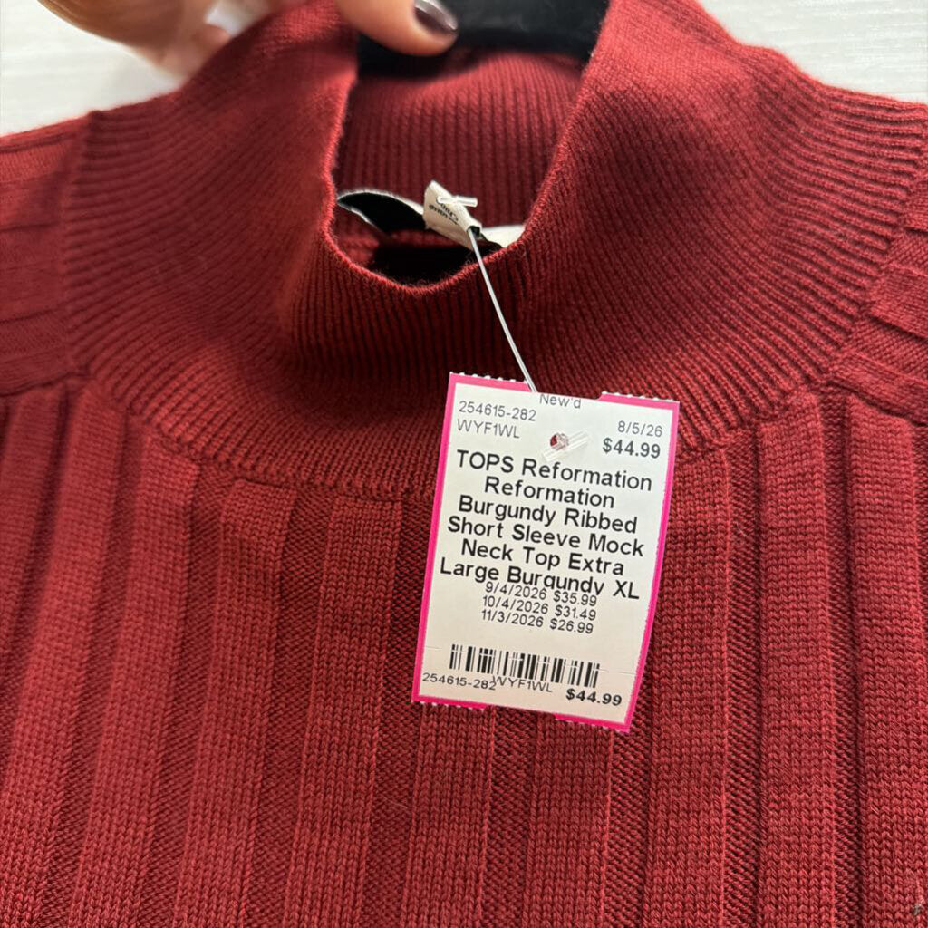 Reformation Burgundy Ribbed Short Sleeve Mock Neck Top Extra Large