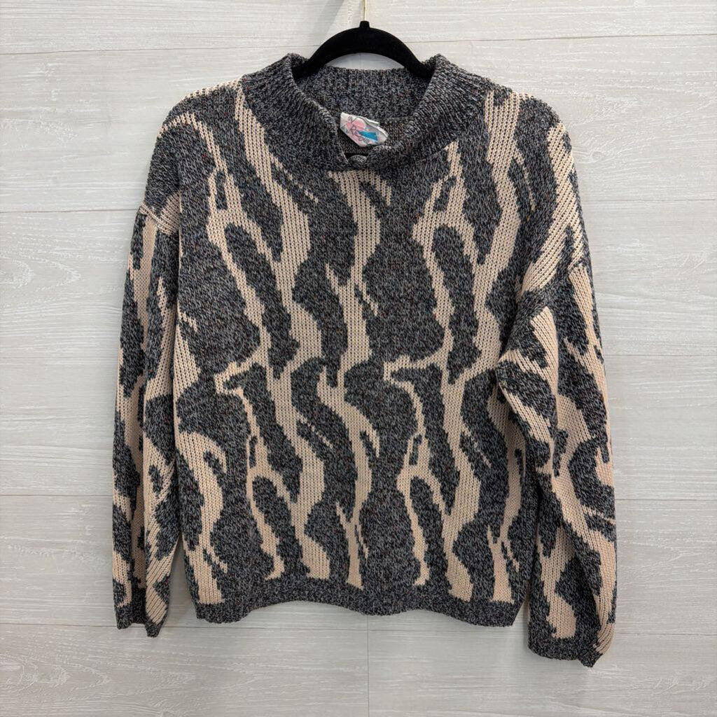 Vintage In Resource Grey/ Beige Print Knit Long Sleeve Sweater Small
