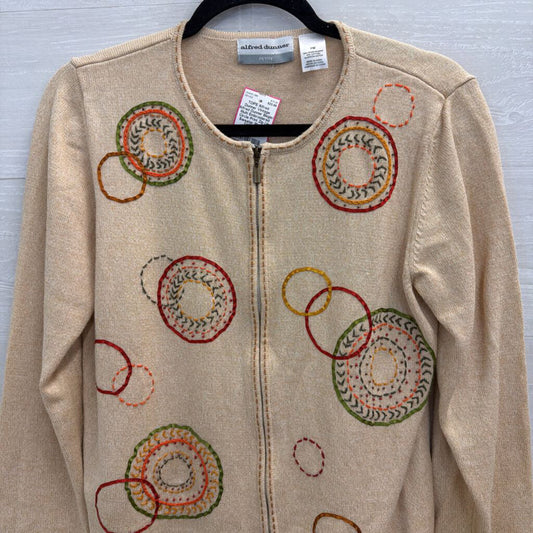 Vintage Alfred Dunner Begie/ Multi Embroidered Circle Print Zip Up Sweater Medium Petite