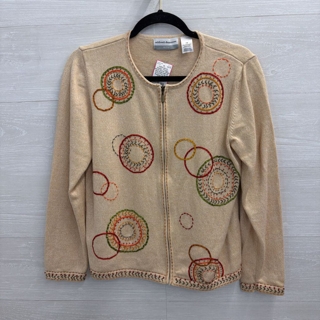 Vintage Alfred Dunner Begie/ Multi Embroidered Circle Print Zip Up Sweater Medium Petite