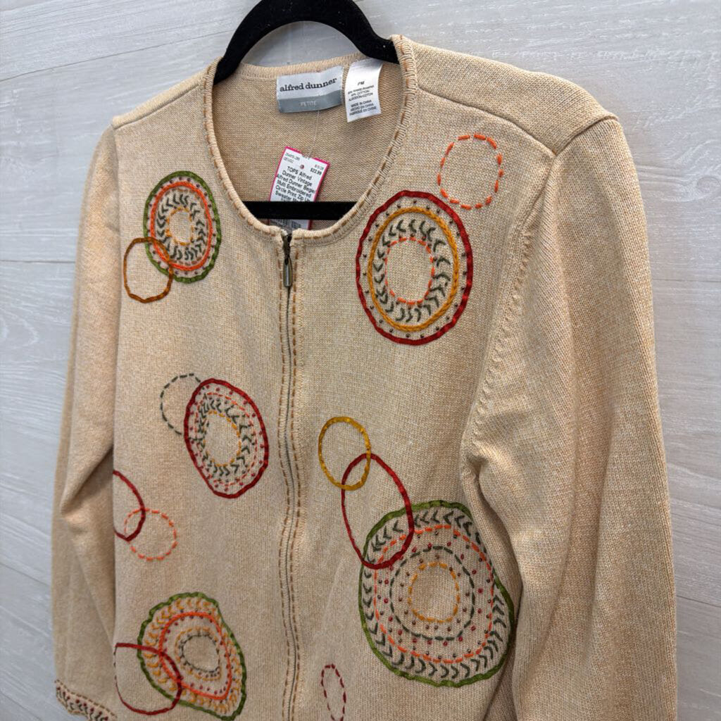 Vintage Alfred Dunner Begie/ Multi Embroidered Circle Print Zip Up Sweater Medium Petite