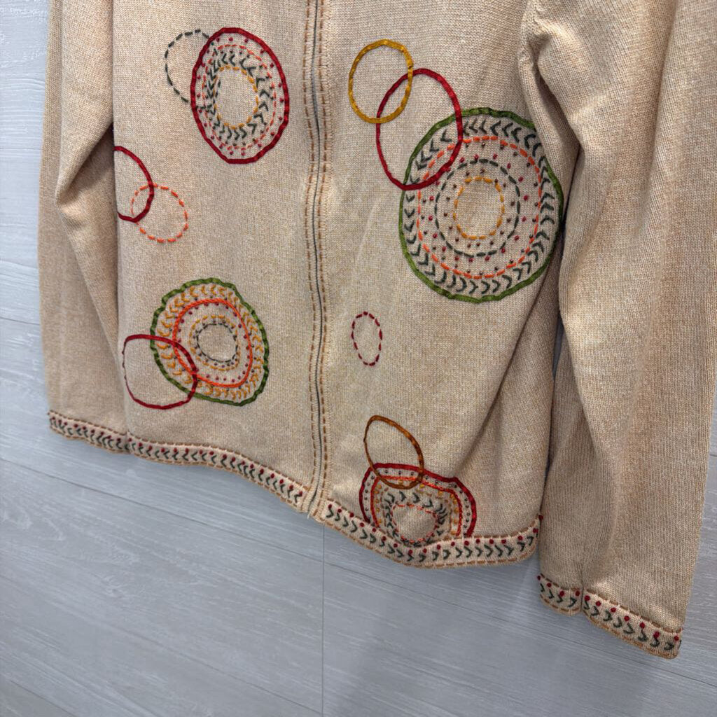 Vintage Alfred Dunner Begie/ Multi Embroidered Circle Print Zip Up Sweater Medium Petite