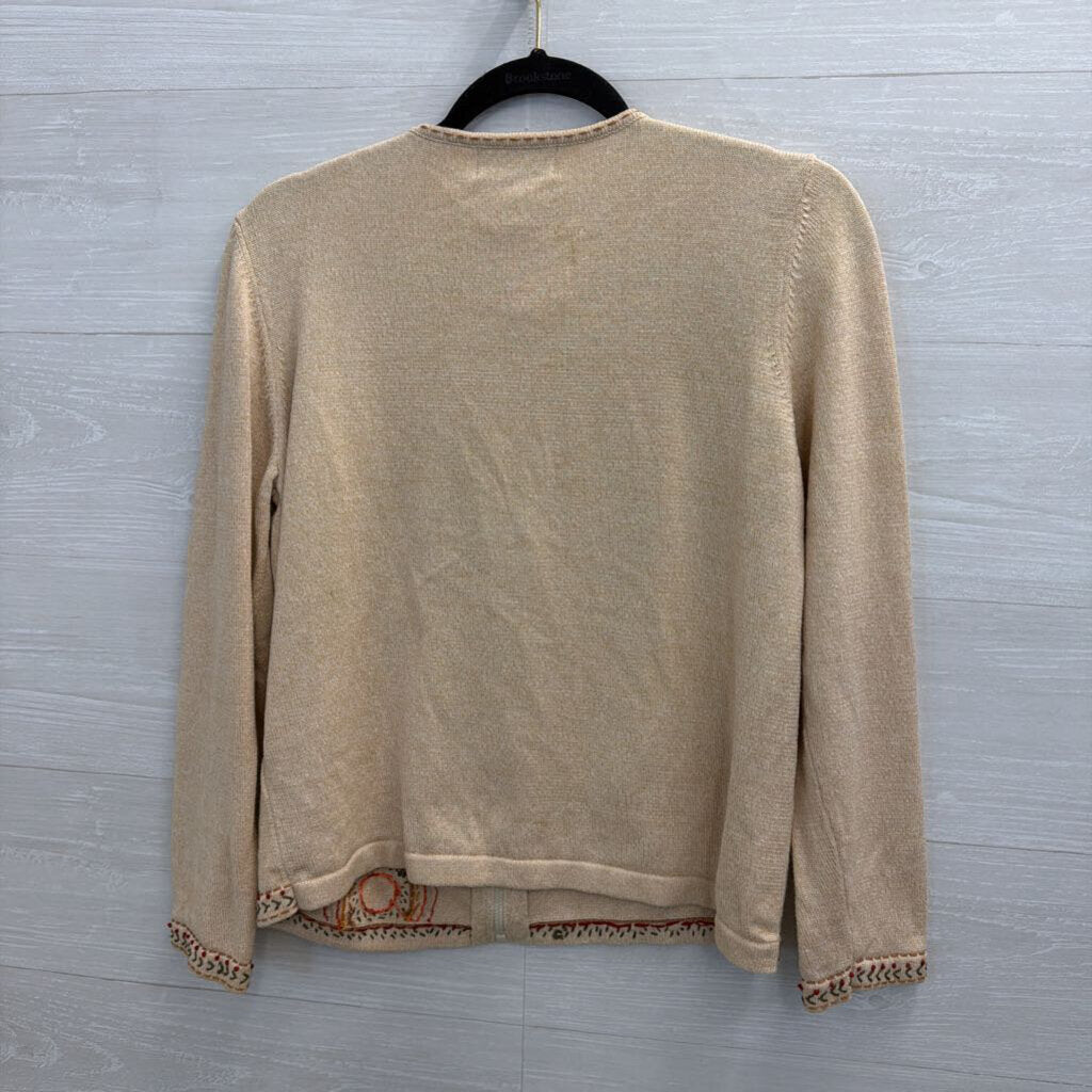 Vintage Alfred Dunner Begie/ Multi Embroidered Circle Print Zip Up Sweater Medium Petite