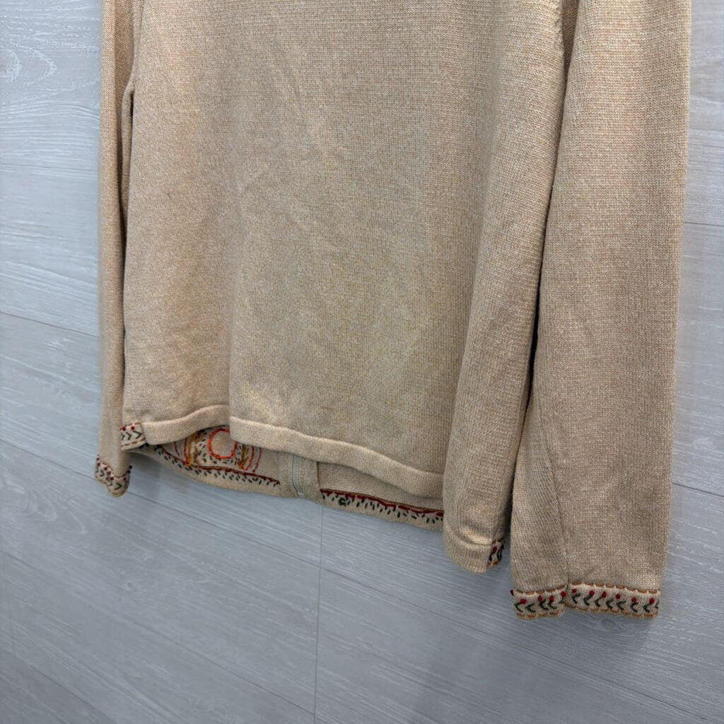 Vintage Alfred Dunner Begie/ Multi Embroidered Circle Print Zip Up Sweater Medium Petite