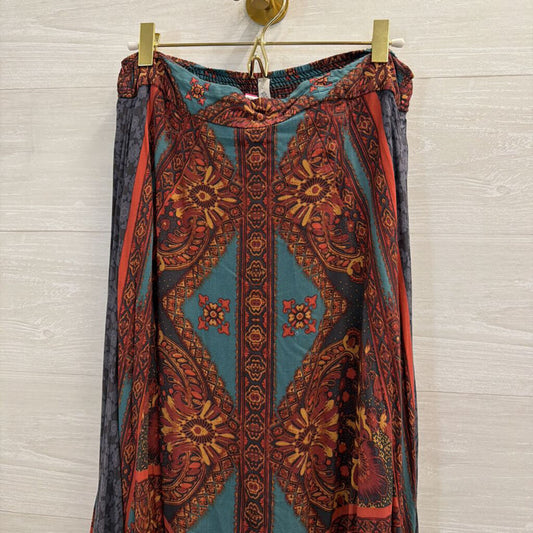Free People Grey/ Teal Print Handkerchief Hem Midi Skirt Small