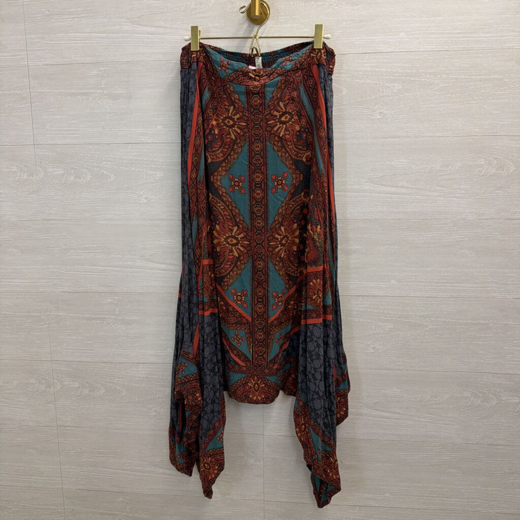 Free People Grey/ Teal Print Handkerchief Hem Midi Skirt Small