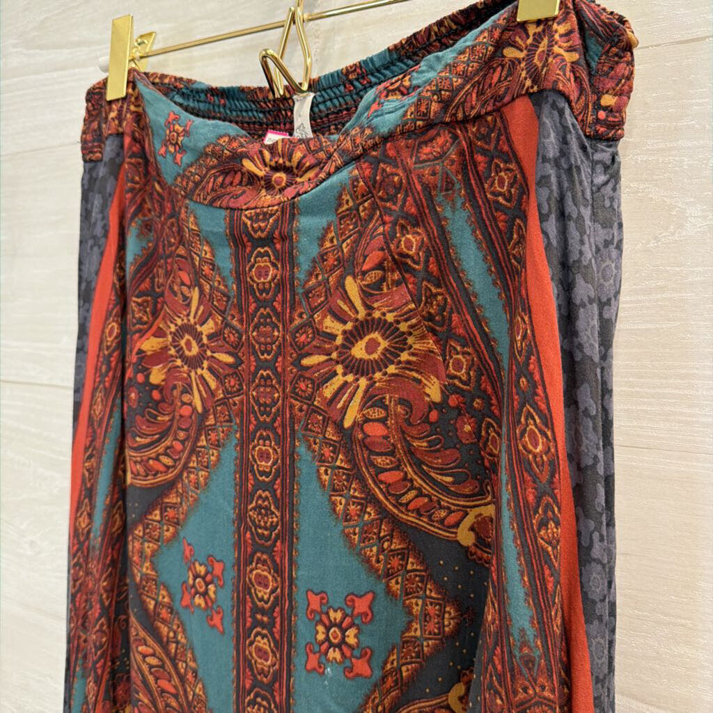 Free People Grey/ Teal Print Handkerchief Hem Midi Skirt Small