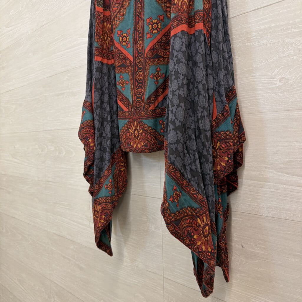 Free People Grey/ Teal Print Handkerchief Hem Midi Skirt Small