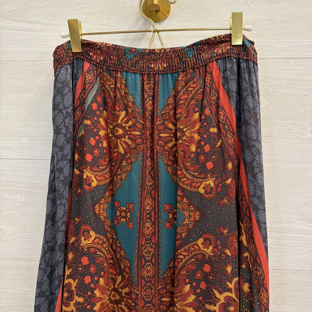 Free People Grey/ Teal Print Handkerchief Hem Midi Skirt Small