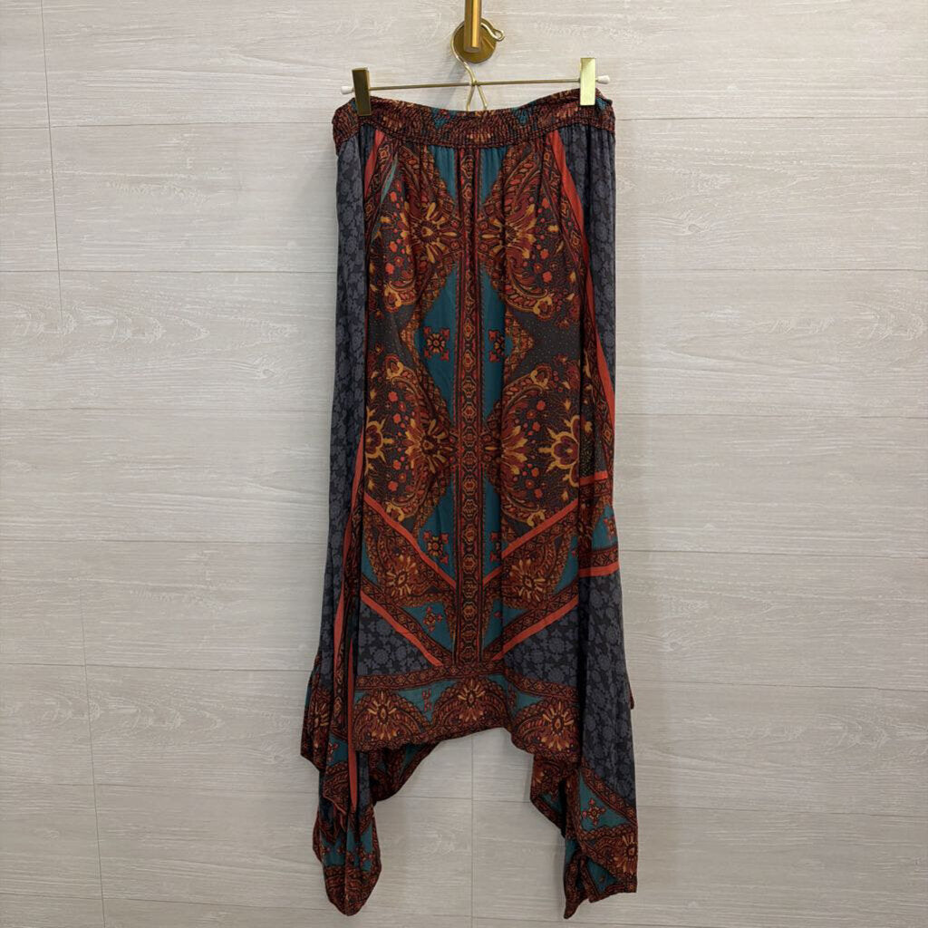 Free People Grey/ Teal Print Handkerchief Hem Midi Skirt Small