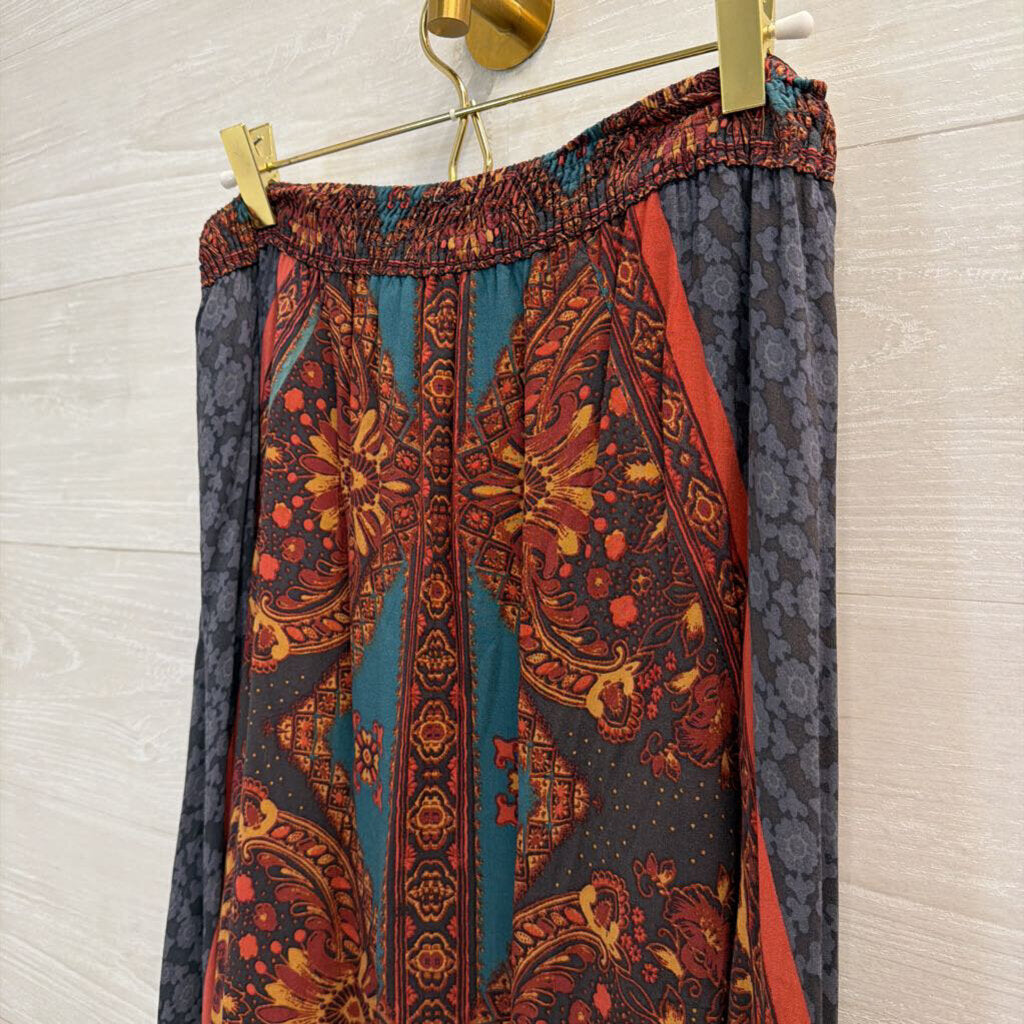 Free People Grey/ Teal Print Handkerchief Hem Midi Skirt Small