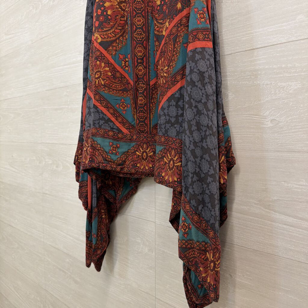 Free People Grey/ Teal Print Handkerchief Hem Midi Skirt Small