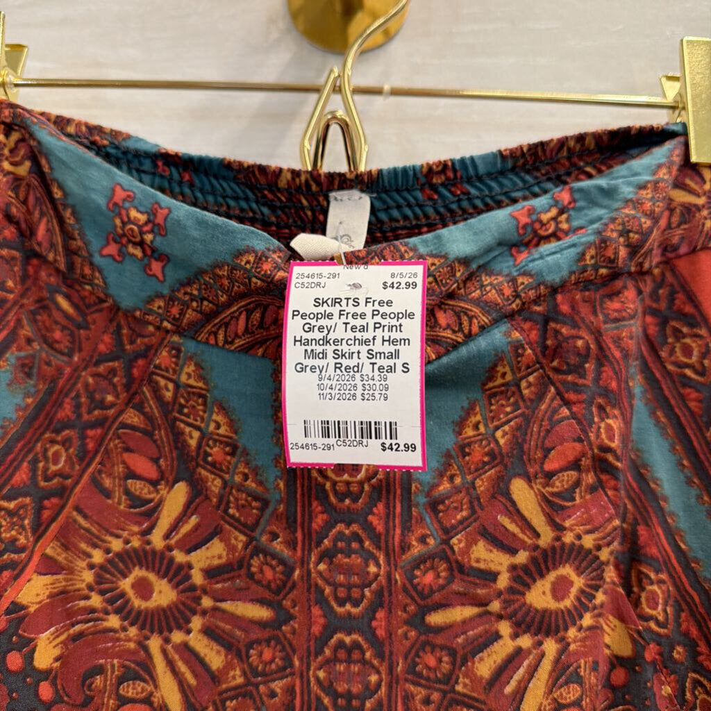 Free People Grey/ Teal Print Handkerchief Hem Midi Skirt Small