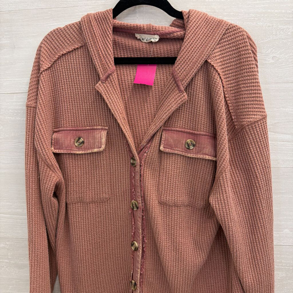 New In Pink Textured Hooded Long Sleeve Shacket Top Medium