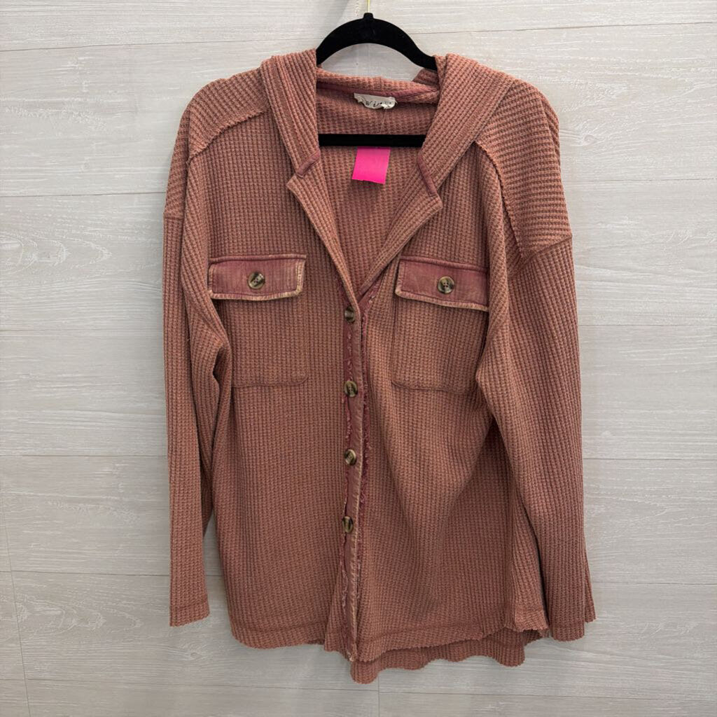 New In Pink Textured Hooded Long Sleeve Shacket Top Medium