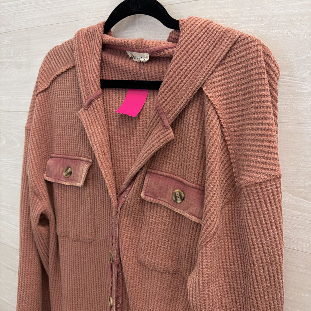 New In Pink Textured Hooded Long Sleeve Shacket Top Medium