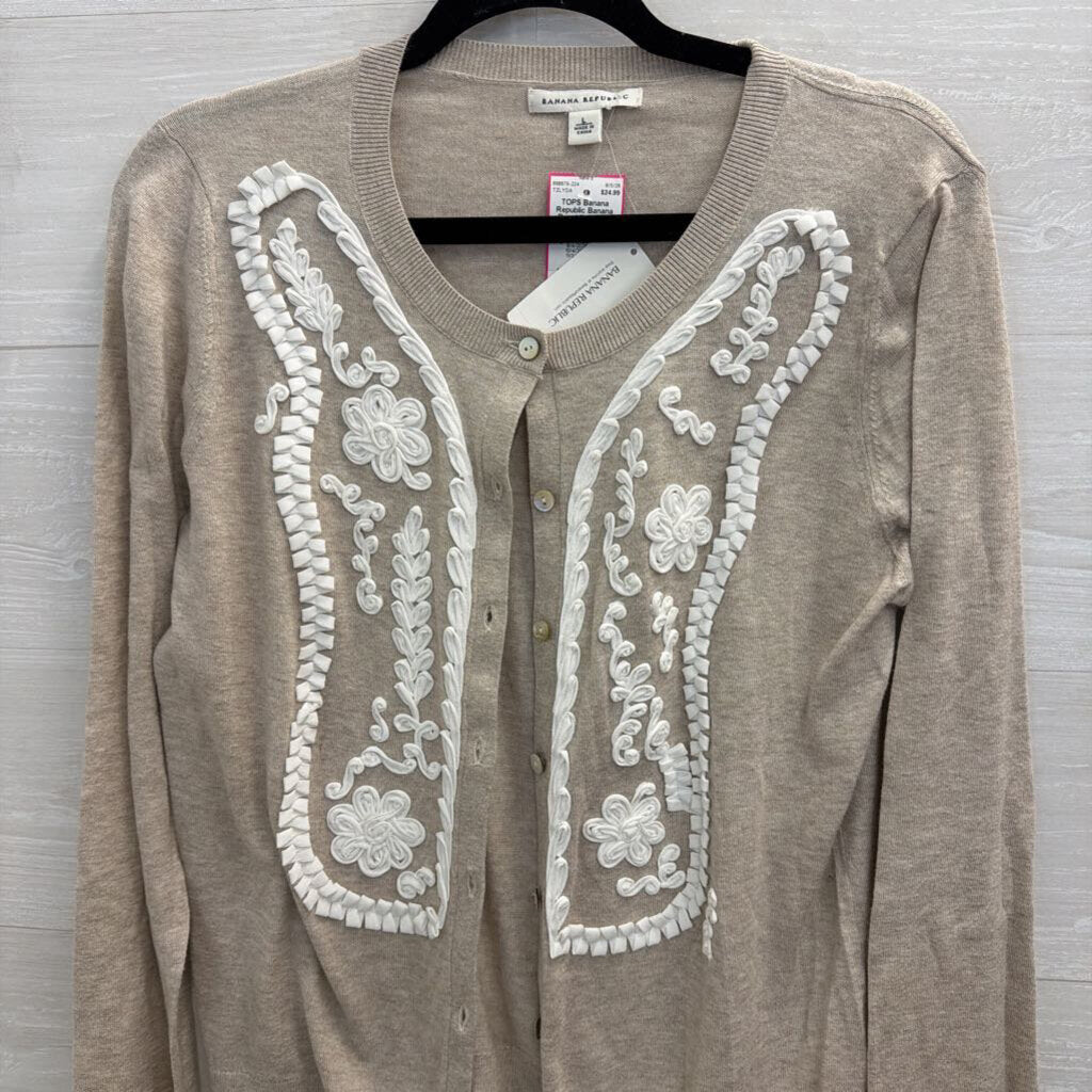 Banana Republic Beige/ White Textured Print Cardigan Sweater Large