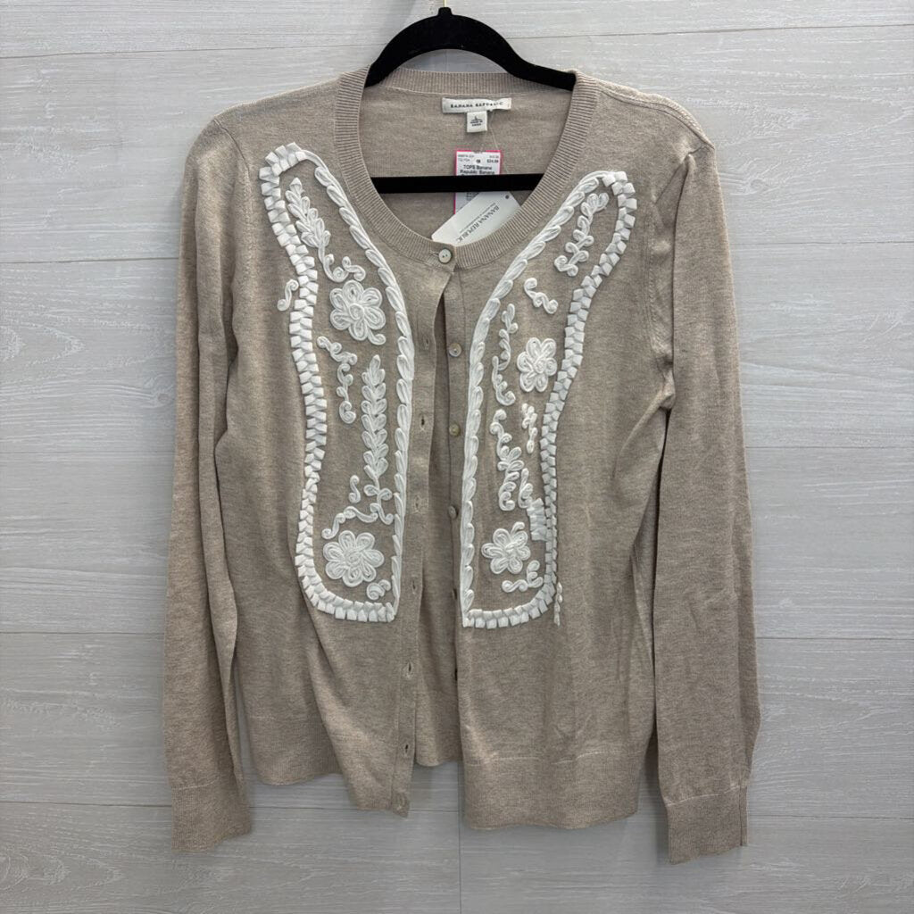 Banana Republic Beige/ White Textured Print Cardigan Sweater Large