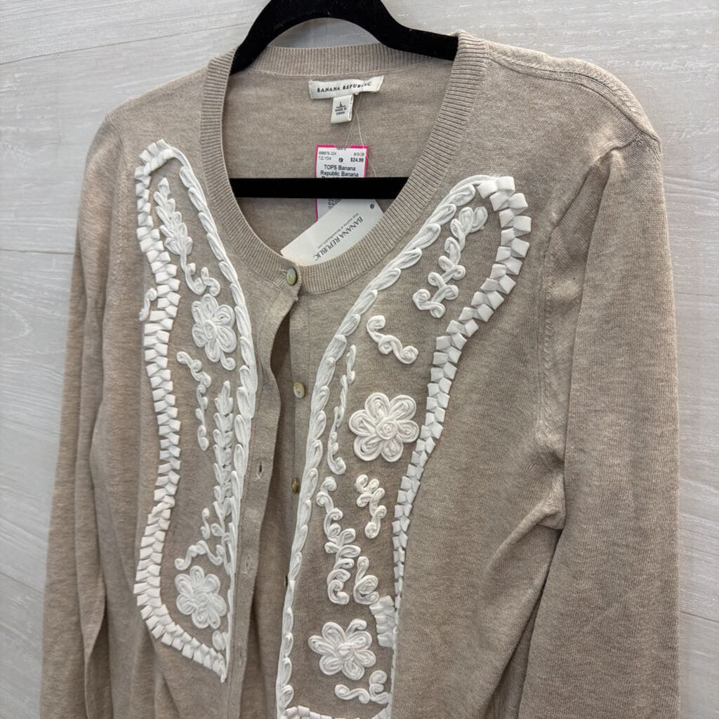 Banana Republic Beige/ White Textured Print Cardigan Sweater Large