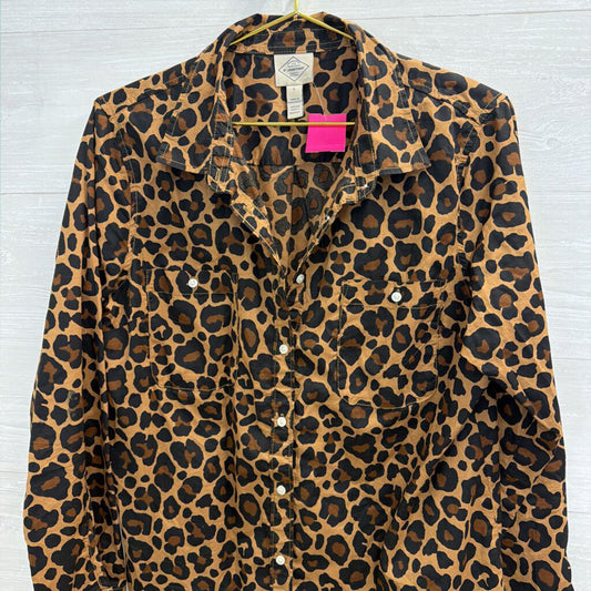 St Johns Bay Brown/ Black Leopard Print Long Sleeve Button Down Top Large