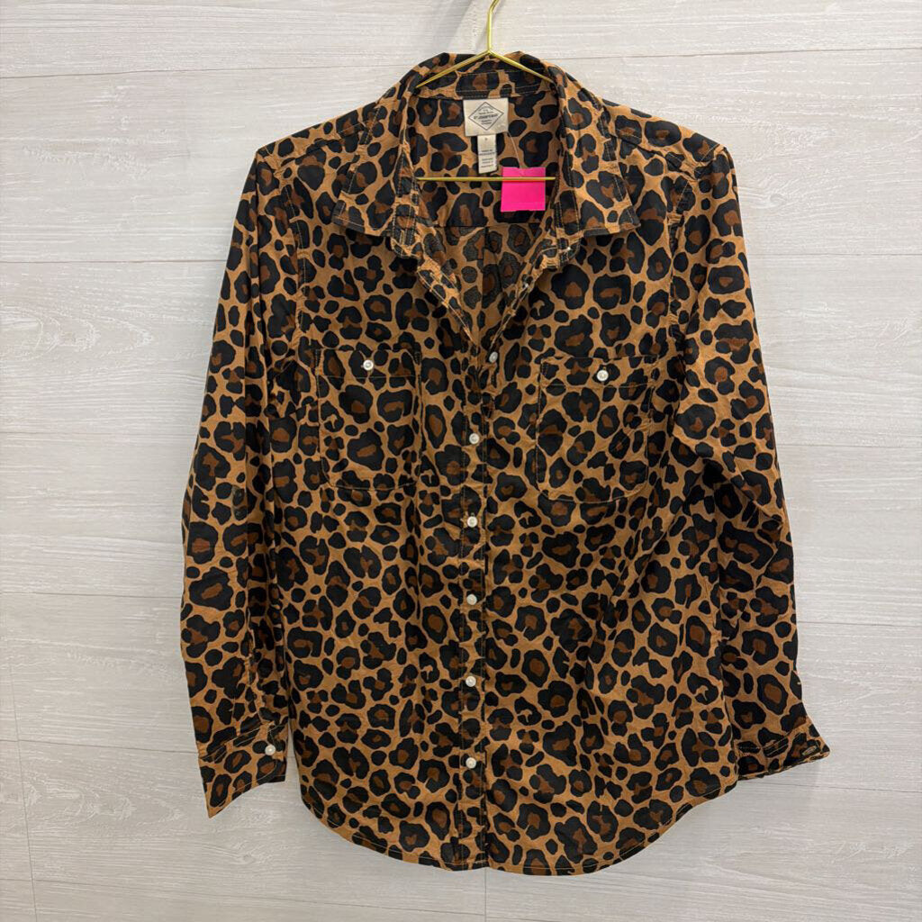 St Johns Bay Brown/ Black Leopard Print Long Sleeve Button Down Top Large