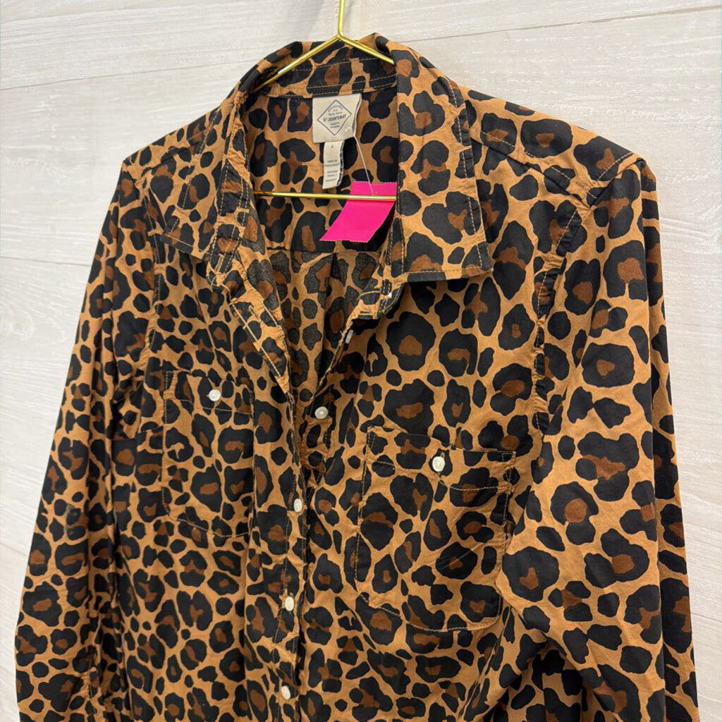 St Johns Bay Brown/ Black Leopard Print Long Sleeve Button Down Top Large