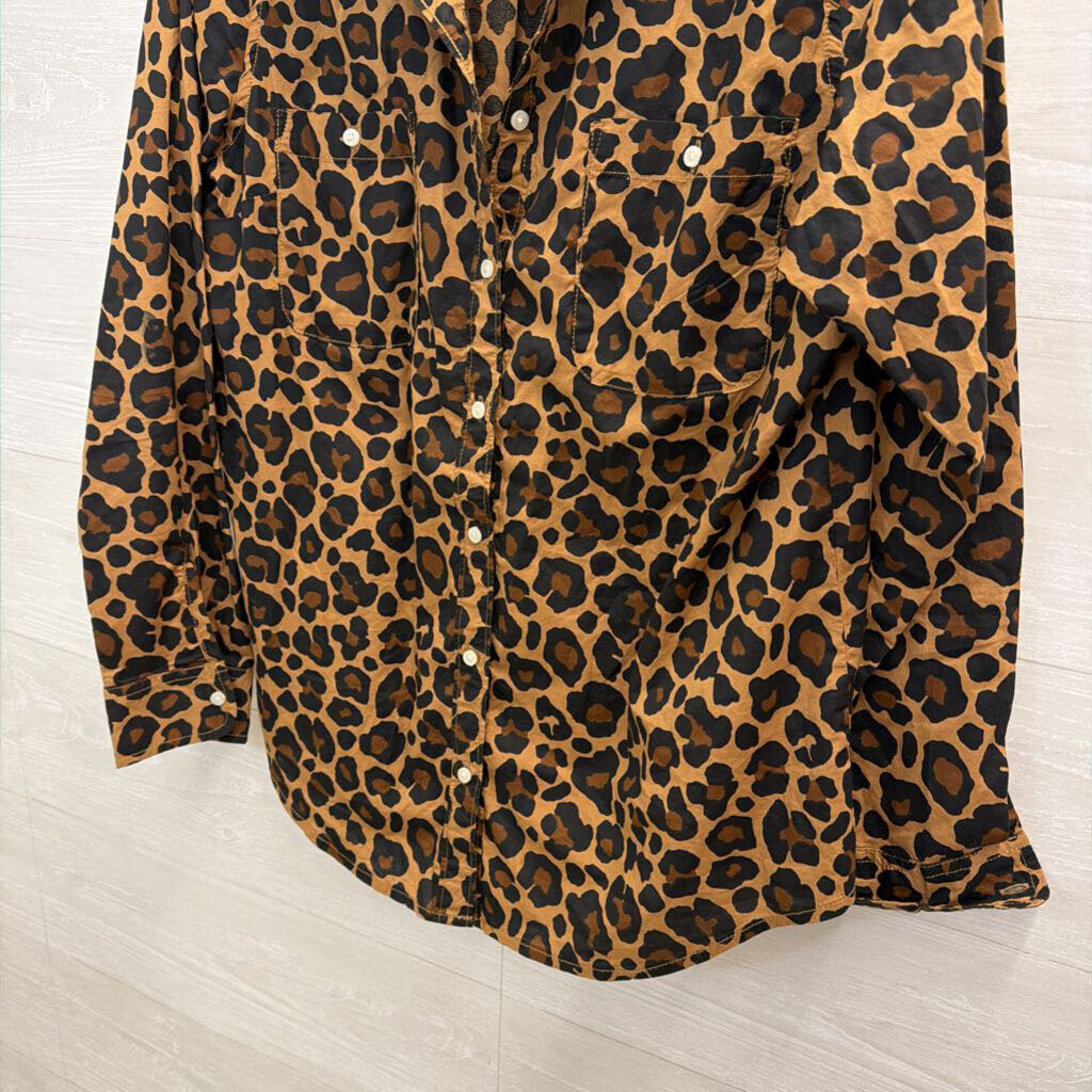 St Johns Bay Brown/ Black Leopard Print Long Sleeve Button Down Top Large