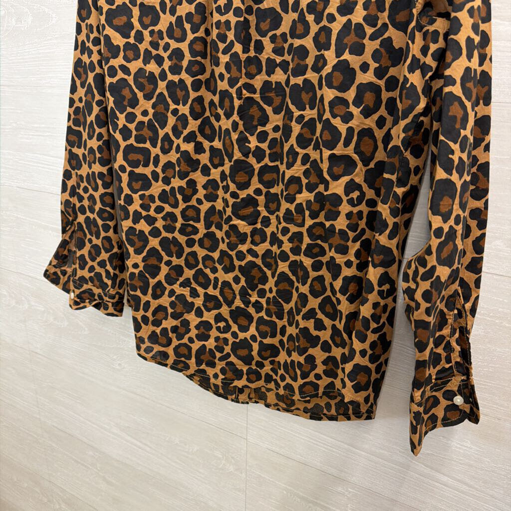 St Johns Bay Brown/ Black Leopard Print Long Sleeve Button Down Top Large