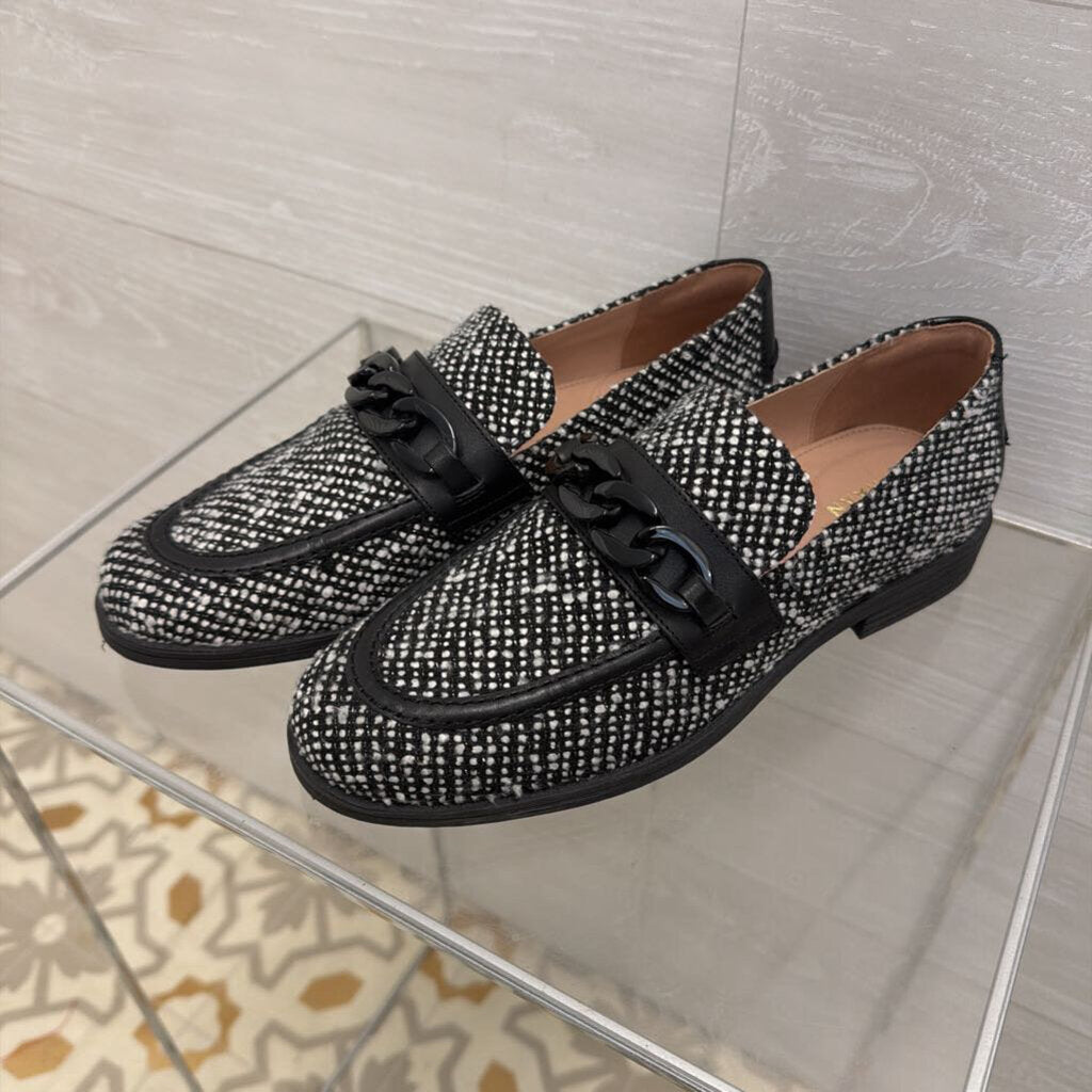 Cole Haan Black/ White Tweed Stassi Chain Loafers 7