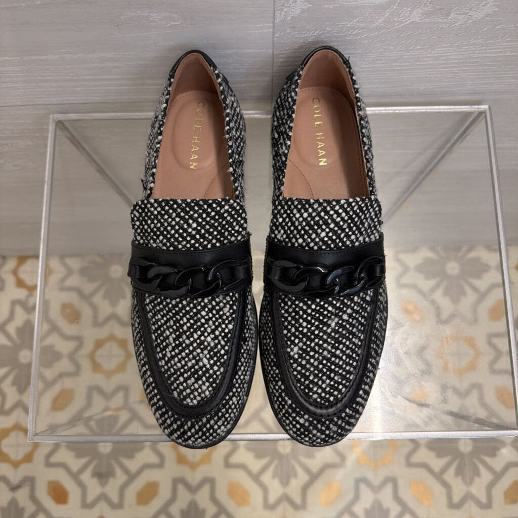 Cole Haan Black/ White Tweed Stassi Chain Loafers 7