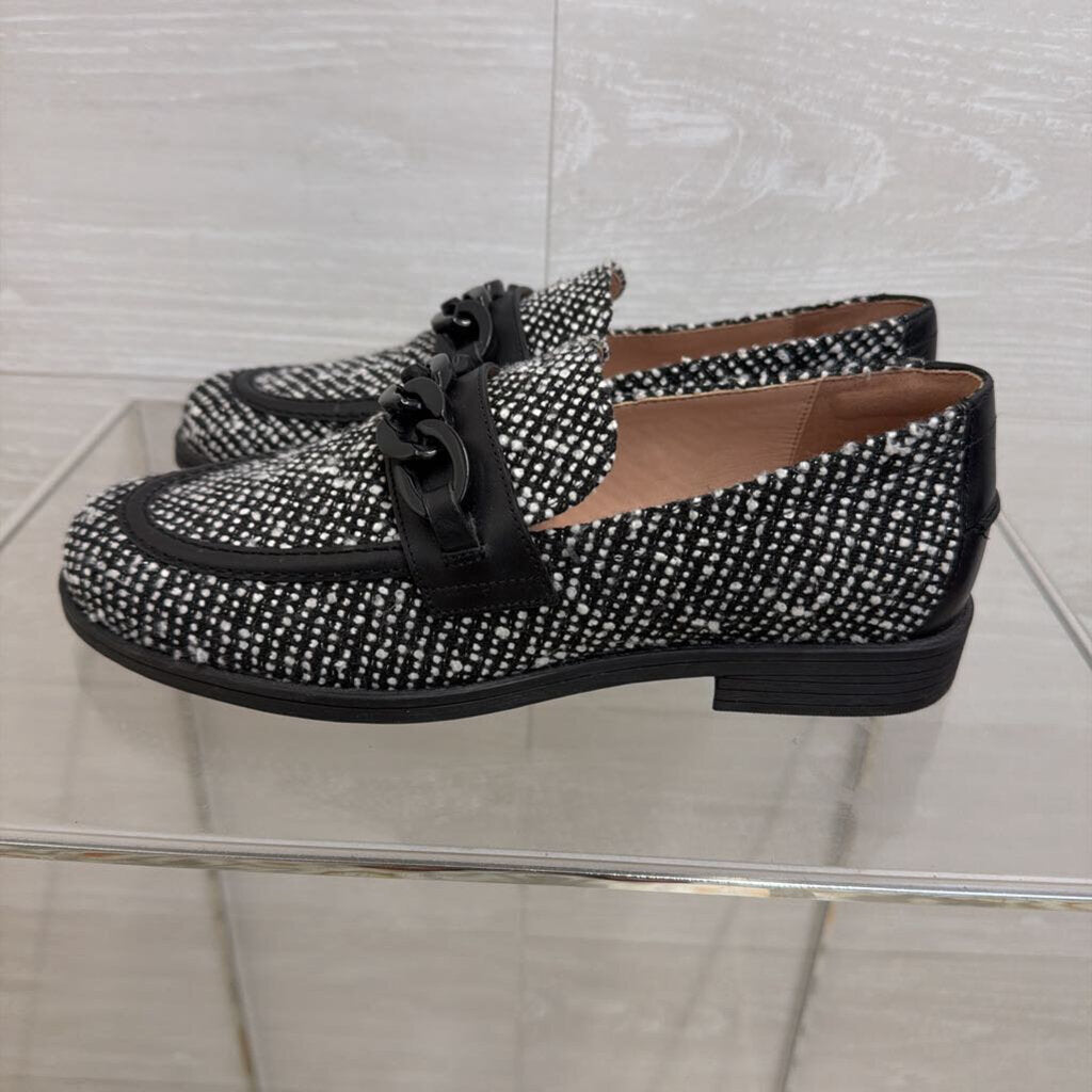 Cole Haan Black/ White Tweed Stassi Chain Loafers 7
