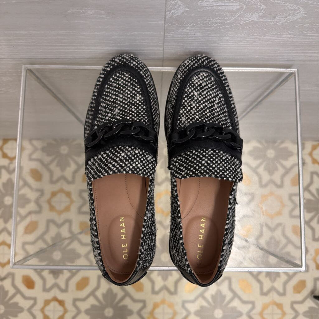 Cole Haan Black/ White Tweed Stassi Chain Loafers 7