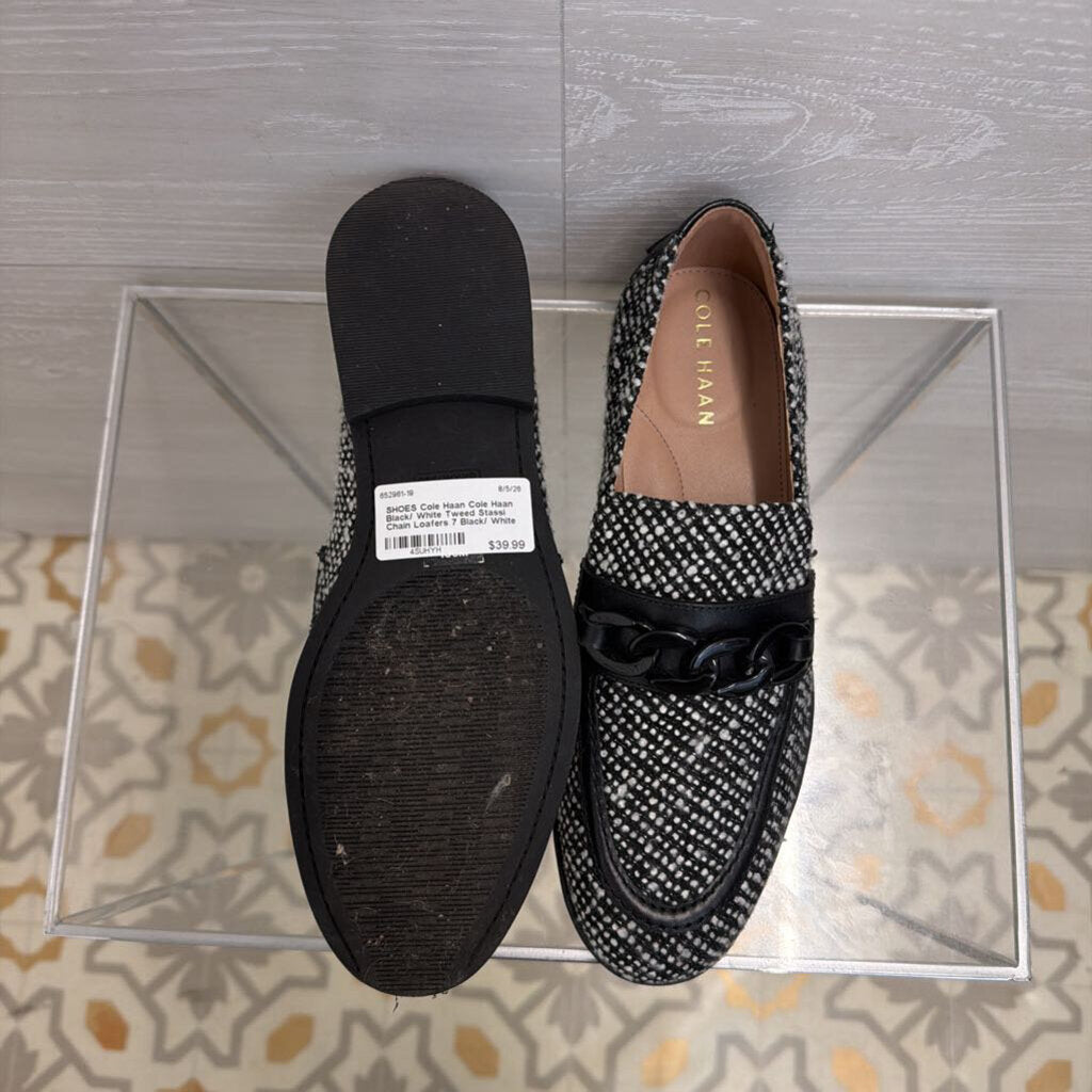 Cole Haan Black/ White Tweed Stassi Chain Loafers 7
