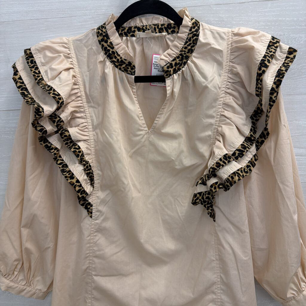 Entro Beige Leopard Trim Ruffle Detail Long Sleeve Top Small