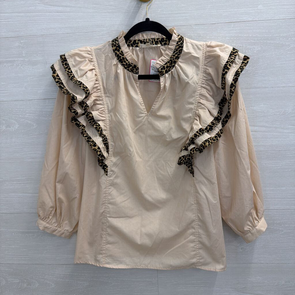 Entro Beige Leopard Trim Ruffle Detail Long Sleeve Top Small