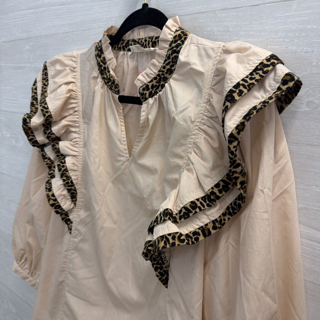 Entro Beige Leopard Trim Ruffle Detail Long Sleeve Top Small